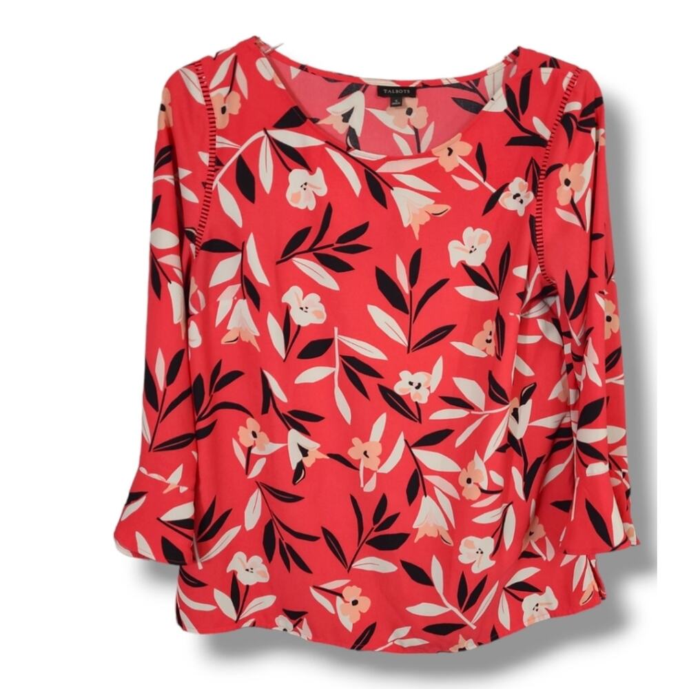 Talbots Women's Small Red Black White Floral Bell Sleeve Boat Neck Top Crochet